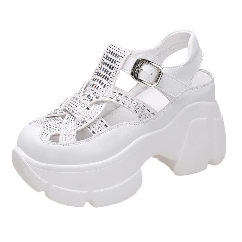 Women's Fashionable Mules Rhinestone Sandals Synthetic Platform Wedge Buckle Women's Fashion Casual Summer Slippers C1339