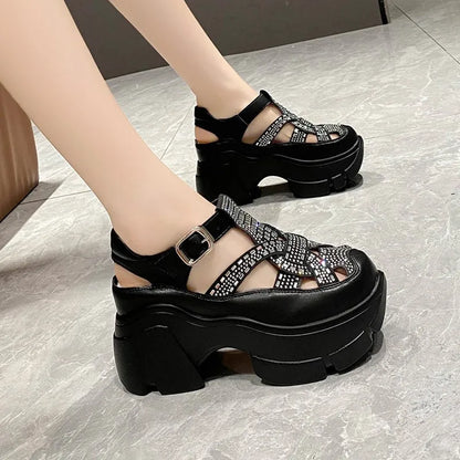 Women's Fashionable Mules Rhinestone Sandals Synthetic Platform Wedge Buckle Women's Fashion Casual Summer Slippers C1339