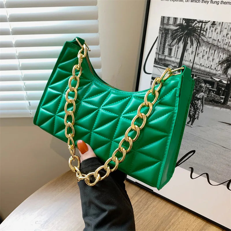 100% Polyurethane Solid Color Stitching Underarm Bag Chain One-shoulder WOMEN'S Bag