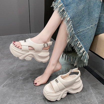 Hot Summer Women Leather Thick Sole Sandals New Peep Toe Flip-Flops 9CM High Platform Sandal Buckle Shoes Woman Zapatillas Mujer