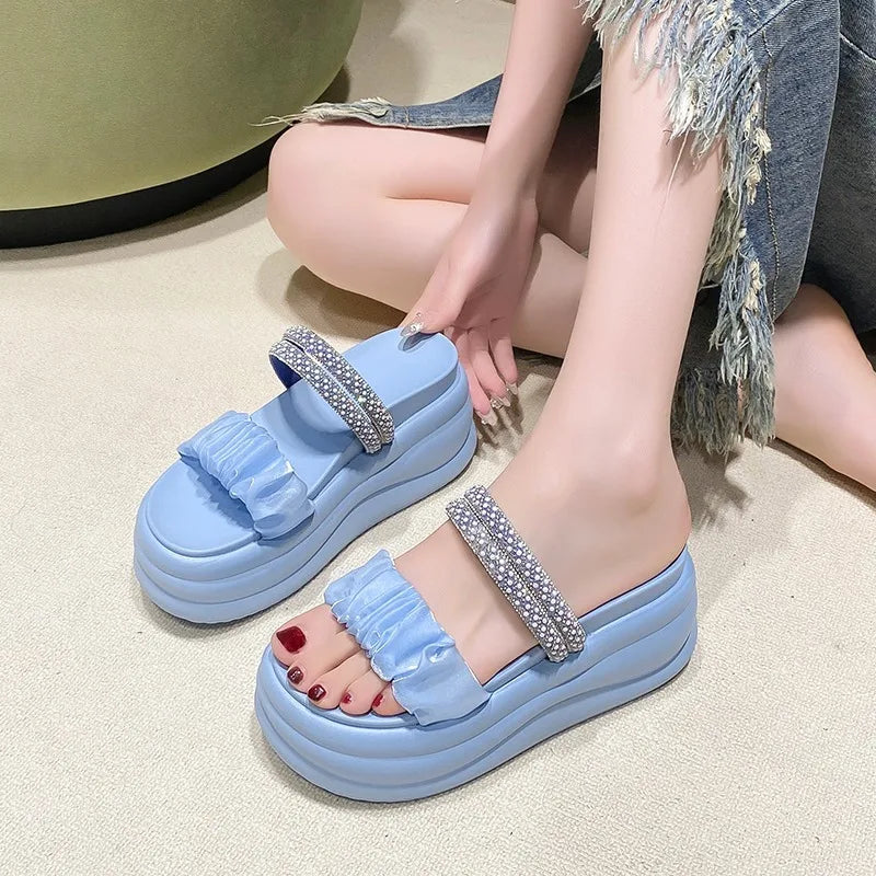 New Summer High Platform Women Sandals Slip-On 8.5CM Wedges Bling Shoes Fashion Outside Chunky Sandals Beach Casual Slides Woman