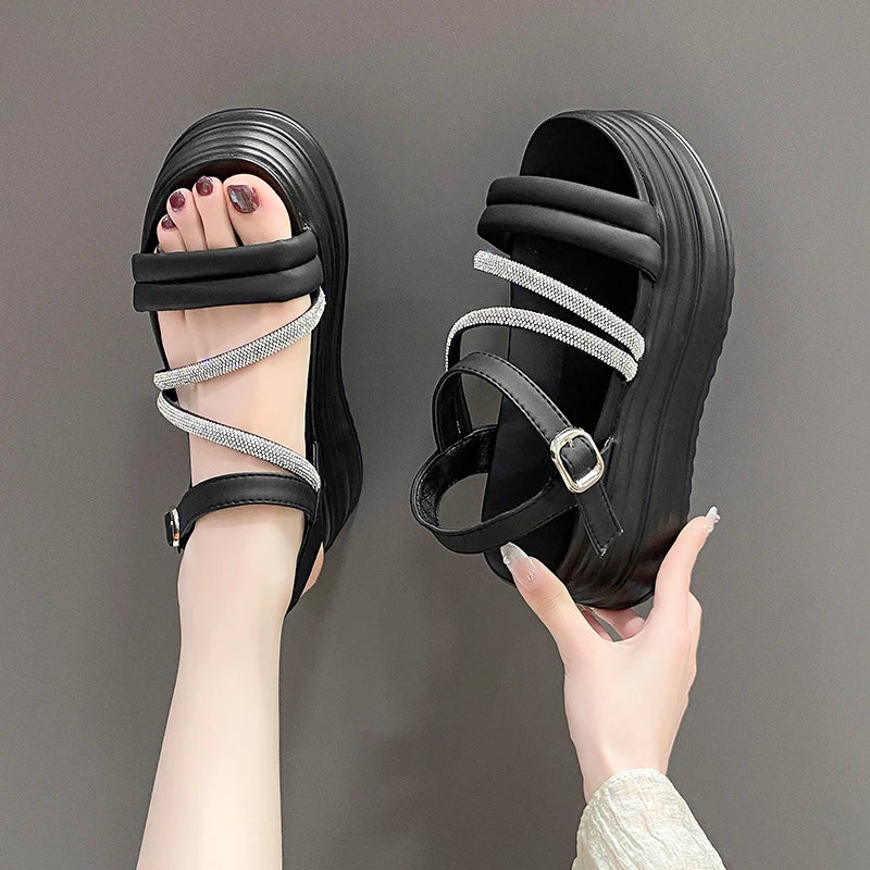 Buckle Strap Chunky Sandals Women Summer High Platform Wedges Slippers Woman New Bling Decoration Thick Bottom Slides 8CM Pumps