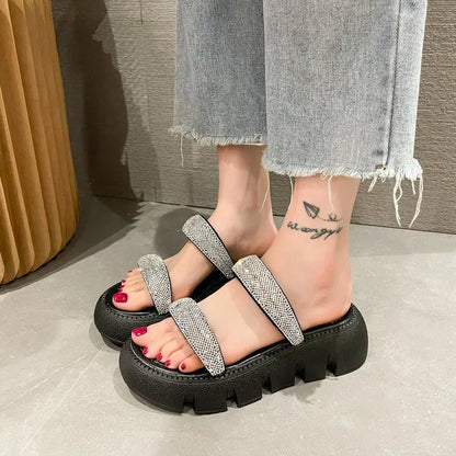 Sandals Woman Crystal Wedge  Summer 2022 Chunky Platform Women Leather Slippers Thick Sole Gladiator Shoes for Women Flip Flops