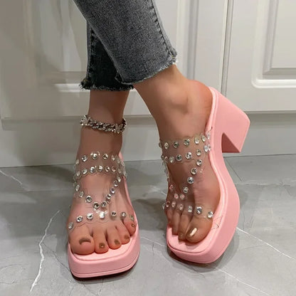 Crystal High Heels Slippers Women 2024 Summer New Fashion PVC Luxury Shoes for Women Transparent Slingback Pumps Zapatos Mujer