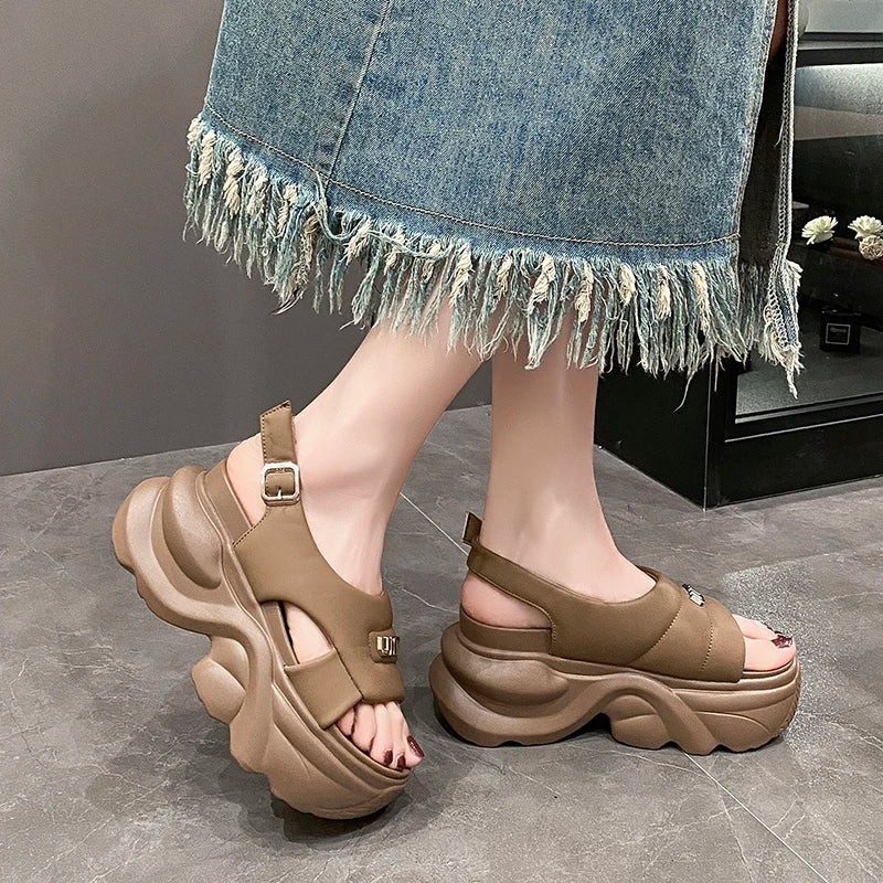 Hot Summer Women Leather Thick Sole Sandals New Peep Toe Flip-Flops 9CM High Platform Sandal Buckle Shoes Woman Zapatillas Mujer