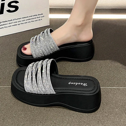 Women Crystal High Heels Slippers Summer Luxury Sandals Wedges Platform Shoes 2024 Slides Slingback Flip Flops Ladies Zapatos