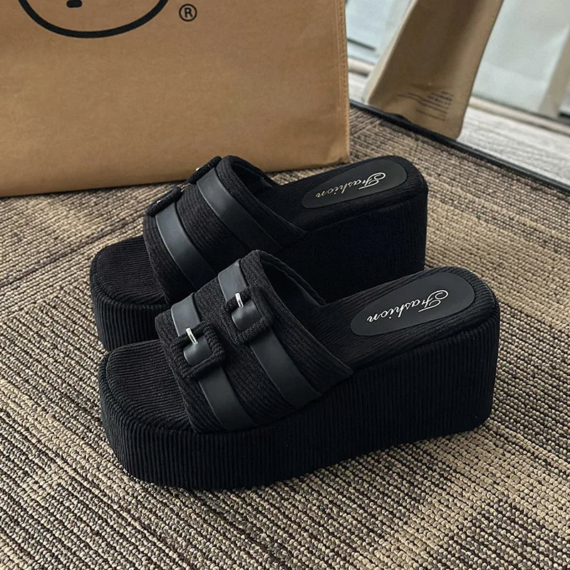 Square Head Platform Slippers Belt Buckles Corduroy Open-toe Women Sandals Summer New 2024 Designer Shoes Fashion Wedge Sandals