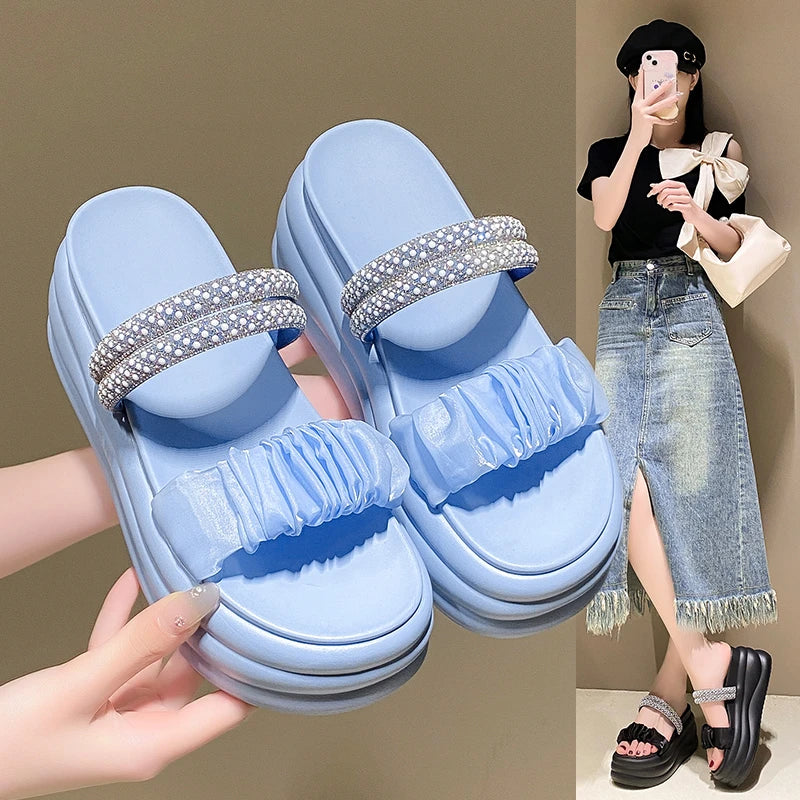 New Summer High Platform Women Sandals Slip-On 8.5CM Wedges Bling Shoes Fashion Outside Chunky Sandals Beach Casual Slides Woman