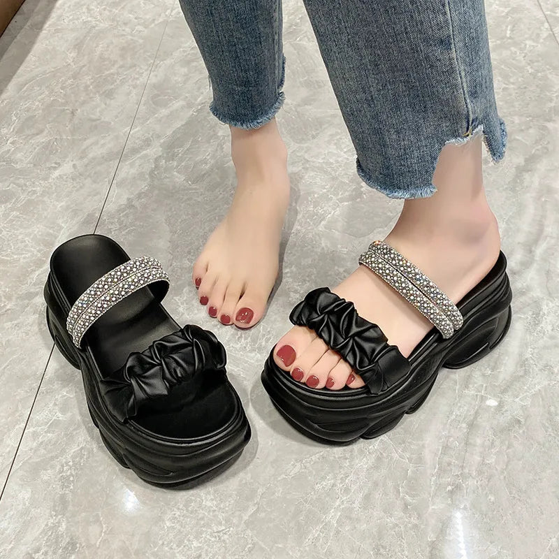 Slippers Casual Female Shoes Women Heels Slides Platform Luxury 2024 High Summer Flat Fashion PU Chain Bonded Leather Scandals