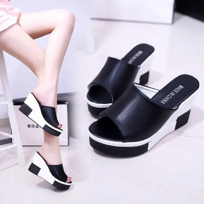 Summer New Women's Thick Bottom Sponge High Heel Solid Color Slippers Eva Outsole Slip-on One-piece Sandals Wholesale