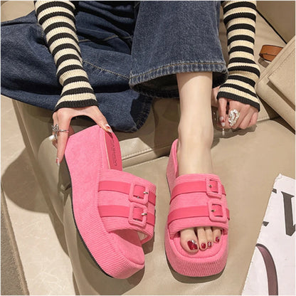 Square Head Platform Slippers Belt Buckles Corduroy Open-toe Women Sandals Summer New 2024 Designer Shoes Fashion Wedge Sandals