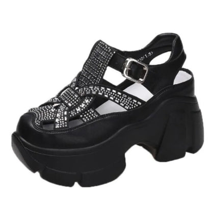 Women's Fashionable Mules Rhinestone Sandals Synthetic Platform Wedge Buckle Women's Fashion Casual Summer Slippers C1339