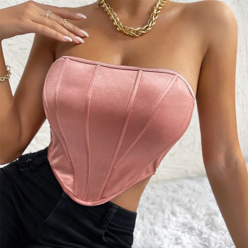 Women Crop Tops 2023 Spring Satin Corset Off Shoulder Bone Patchwork Romance Sexy Cincher Waist Shapewear Tank Body Shaper