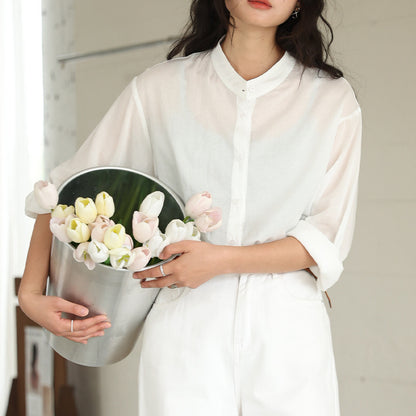 Tencel Linen Stand Collar Shirt Light Thin And Loose Button Top