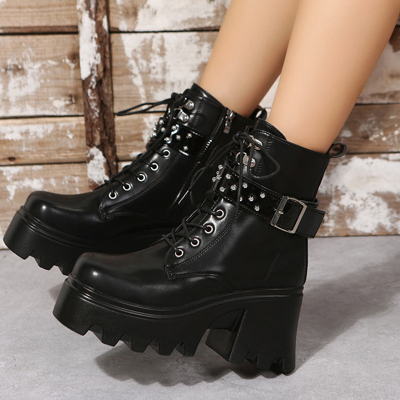 Fashion Round Toe Side Zipper Mid Heel Platform Leather Boots