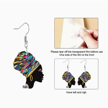 African Fashion Black Woman 2D Acrylic Portrait Earrings