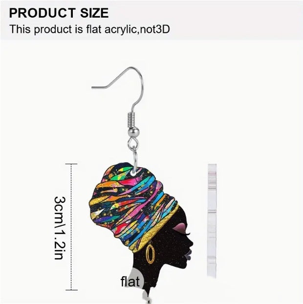 African Fashion Black Woman 2D Acrylic Portrait Earrings
