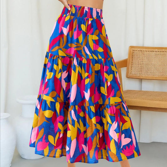 Women's Floral Print Midi Elastic High Waist Crimp Skirt