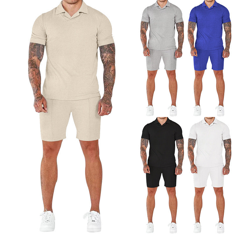 Men's Fashion Waffle V-neck Polo Short Sleeve Shorts Suit