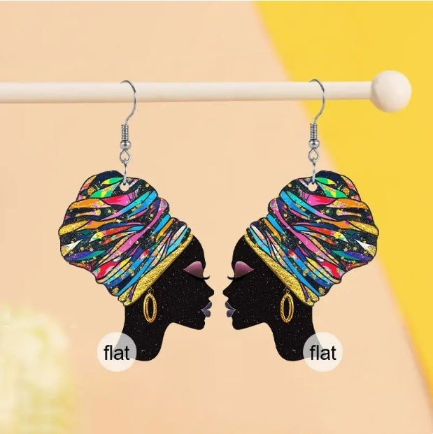 African Fashion Black Woman 2D Acrylic Portrait Earrings