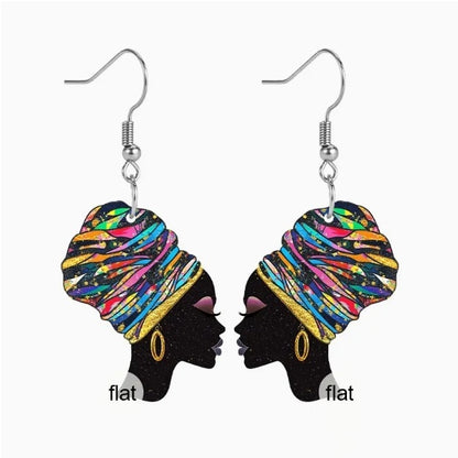 African Fashion Black Woman 2D Acrylic Portrait Earrings