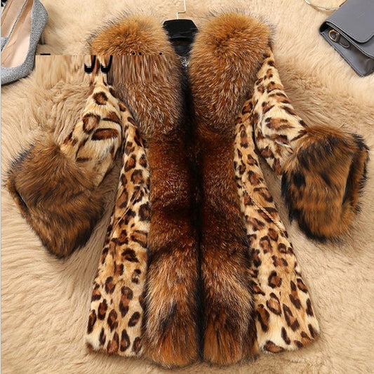 Autumn and Winter New Faux Fur Coat with Large Fur Collar Leopard Print Medium Length Women's Fur Coat Raccoon Dog