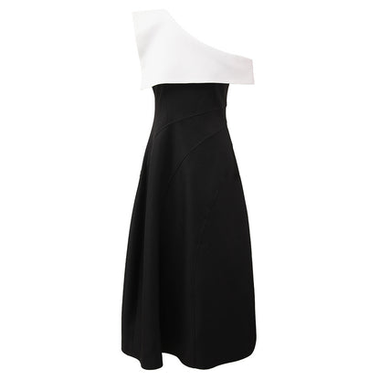 Niche Classic Black And White Color Matching Off-shoulder Dress