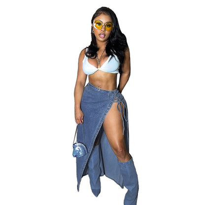 Women's Lace-up Split Sheath Denim Skirt