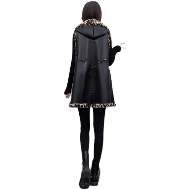 Plus Size Women's Leopard Rabbit Plush Vest Coat