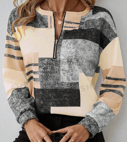 Round Neck Half Zipper Casual Style Polo Shirt Irregular Geometric Top